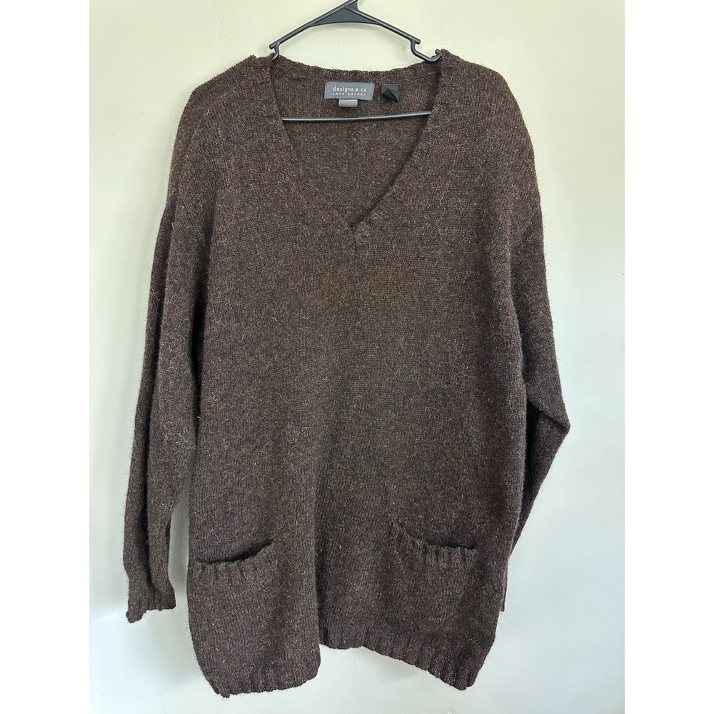 VTG Lane Bryant 100% Wool 2XL Oversized Brown Sweater Dress Shoulder Pads V-Neck